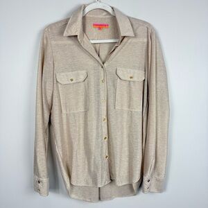 Vilagallo Gold Shimmer Button Up Blouse Womens EU 44 Coastal Long Sleeve Preppy